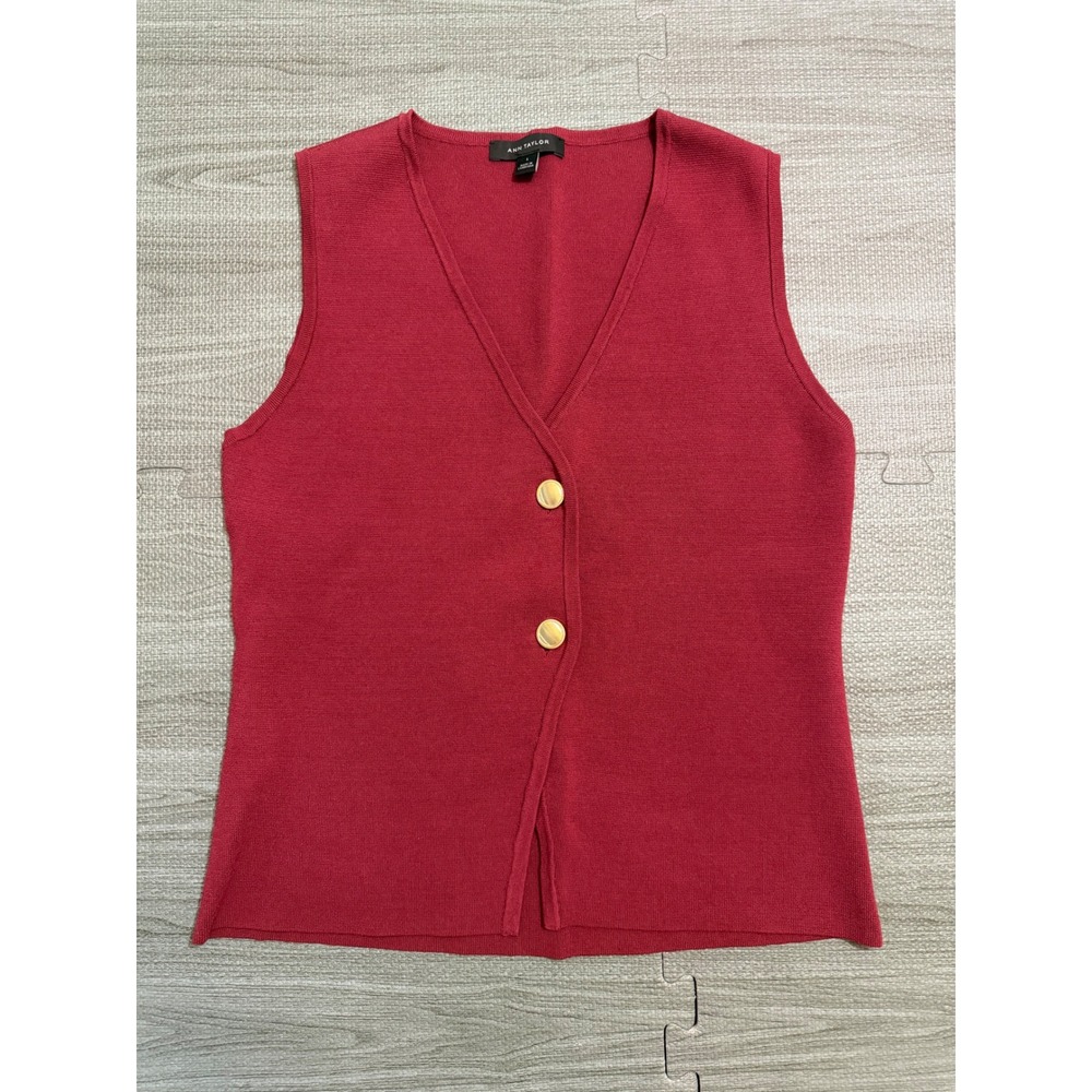 Ann Taylor Berry Red V-Neck Knit Sweater Vest Gold Buttons Size S
